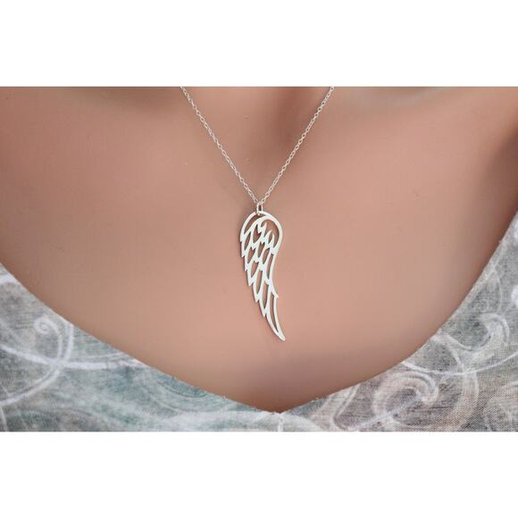 Sterling Silver Large Wing Charm Necklace, Sterling Silver Large Wing Necklace - Picture 3 of 4